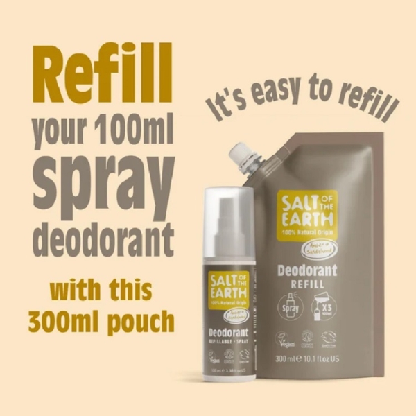 Salt of the Earth: Amber & Sandalwood Deodorant Spray Refill 300ml available online here