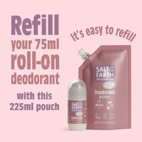 Salt of the Earth: Lavender & Vanilla Roll on Deodorant Refill 225ml available online here