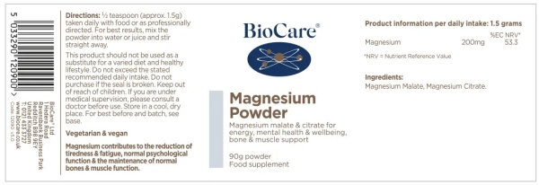 BioCare: Magnesium Powder 90g available online here