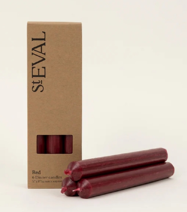 St Eval Candles: Unscented Red Coloured Dinner Candle 7/8ths x 8 inches x 6 available online here
