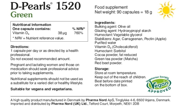 Pharma Nord: Vitamin D3 1520iu Vegan D-Pearls Green (90) available online here