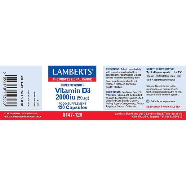 Lamberts Healthcare: Vitamin D3 2000iu (50ug) Capsules (120)  available online here