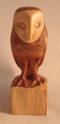 Small Barn Owl carved in Yew displayed on sitting on a post